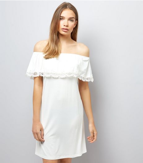 White Frill Trim Bardot Neck Dress | New Look