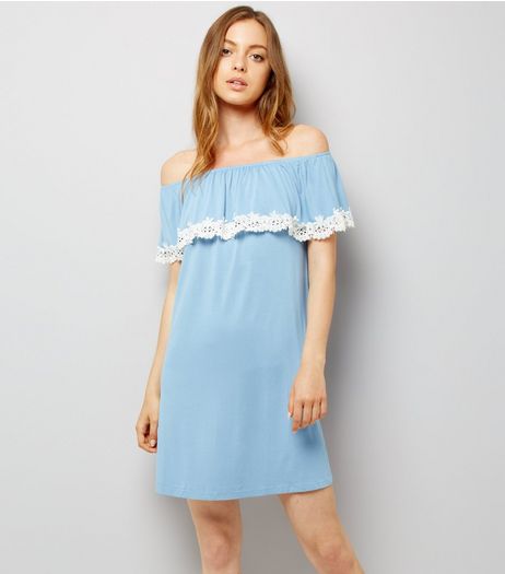 Blue Jersey Floral Crochet Trim Bardot Neck Dress | New Look