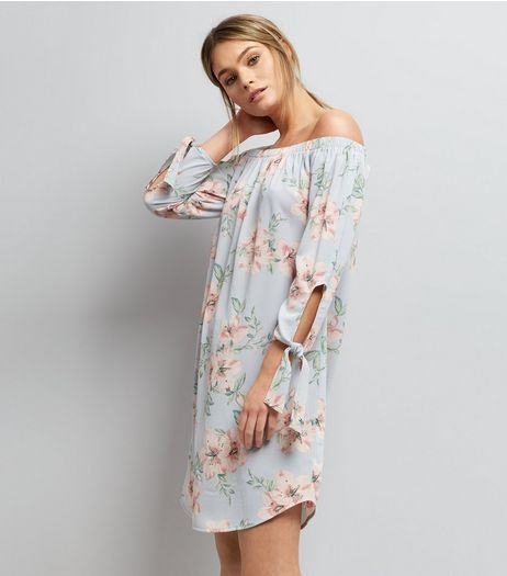 Pale Blue Floral Print Bardot Dress | New Look