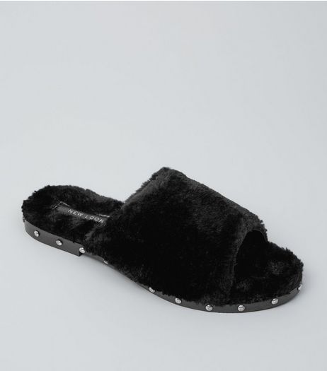 Black Faux Fur Stud Mules | New Look