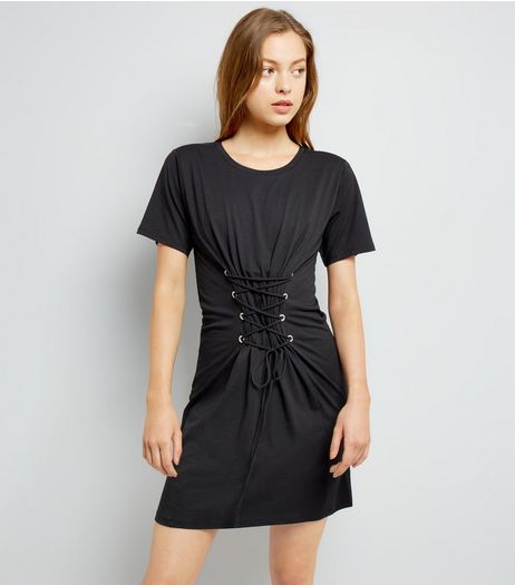 Black Corset Lace Up T-Shirt Dress | New Look