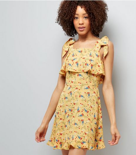 Yellow Floral Print Tie Shoulder Sun Dress | New Look
