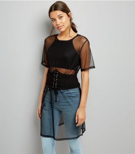 Black Corset Belt Mesh Dress | New Look