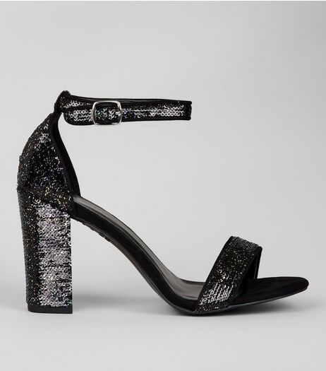 Black Sequin Heeled Sandals | New Look