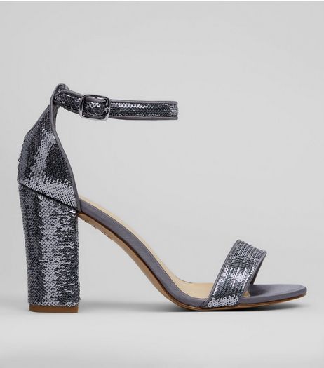 Pewter Sequin Heeled Sandals | New Look