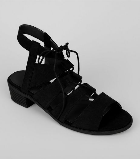 Black Suedette Tie Up Ghillie Sandals | New Look