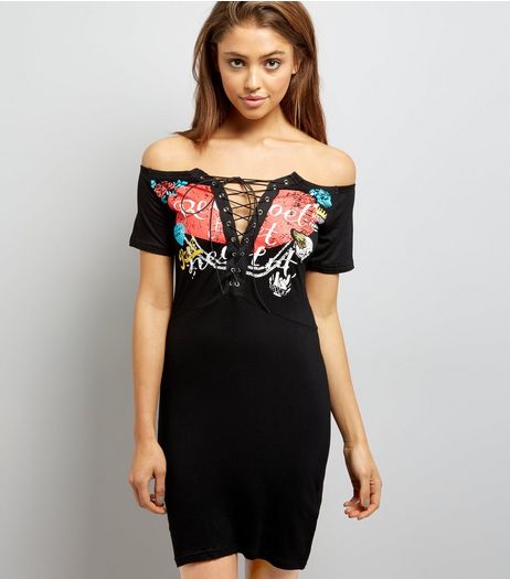 Cameo Rose Black Bardot Neck Rock Dress | New Look
