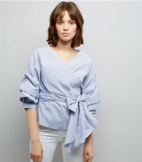 Blue Stripe Ruched Sleeve Wrap Front Top | New Look