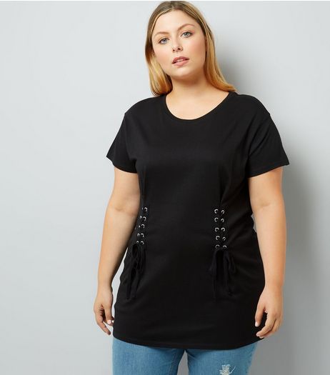 Curves Black Lace Up T-Shirt | New Look