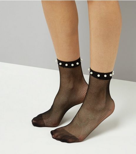 Black Pearl Embellished Fishnet Socks | New Look
