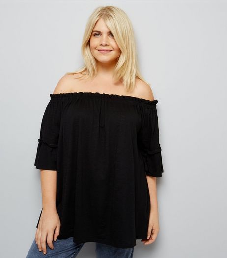 Curves Black Bell Sleeve Bardot Neck Top | New Look