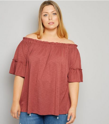 Curves Orange Bell Sleeve Bardot Neck Top | New Look