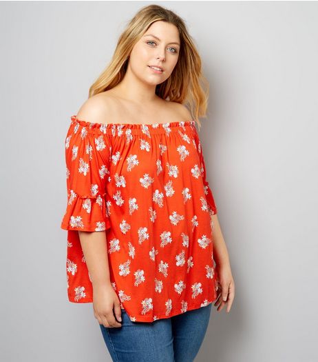 Curves Red Floral Print Bardot Neck Top | New Look