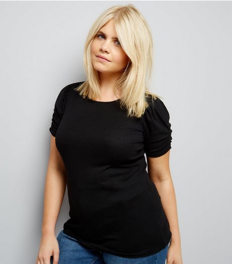 Curves Black Ruched Sleeve T-Shirt | New Look