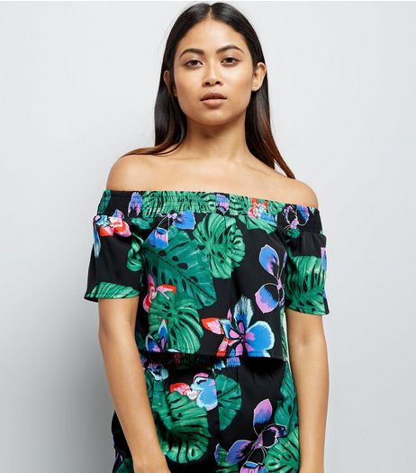 Petite Black Tropical Print Bardot Neck Crop Top | New Look