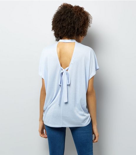 Pale Blue Choker Neck Tie Back T-Shirt | New Look