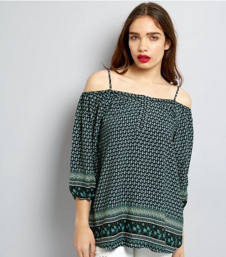 Apricot Navy Floral Border Cold Shoulder Top | New Look