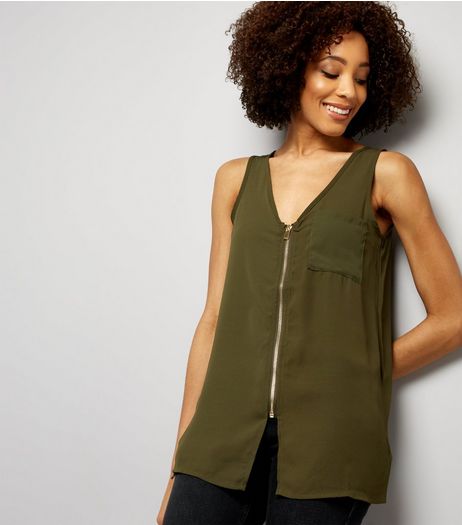 Apricot Olive Green Crepe Single Pocket Zip Front Top | New Look