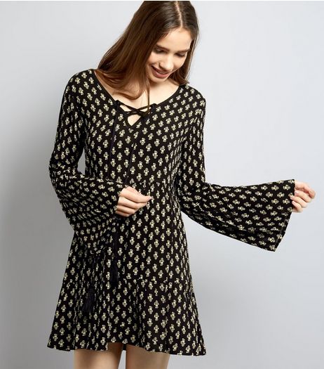 Apricot Black Floral Tassel Front Flared Sleeve Dress | New Look