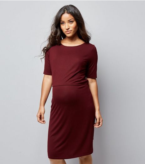 Maternity Burgundy Nursing Layered Midi Dress | New Look