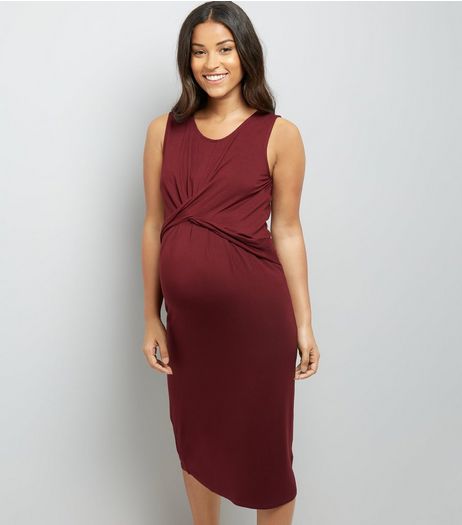 Maternity Burgundy Twist Front Midi Dress | New Look