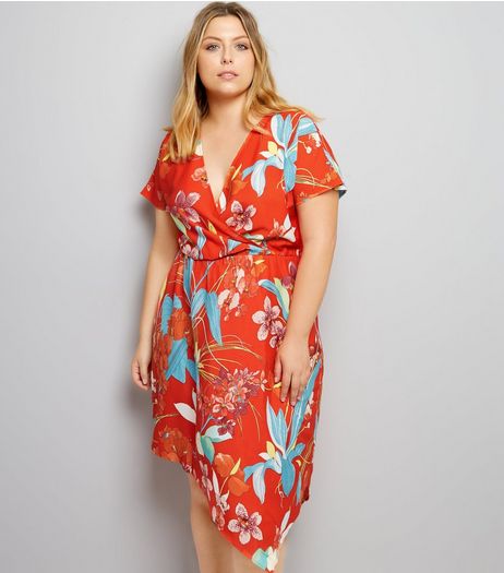 Curves Red Floral Print Hanky Hem Dress | New Look