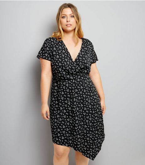 Curves Black Floral Print Hanky Hem Dress | New Look