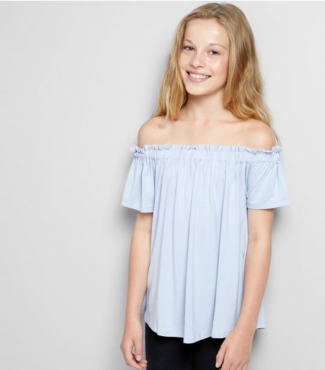 Teens Pale Blue Bardot Neck Top | New Look