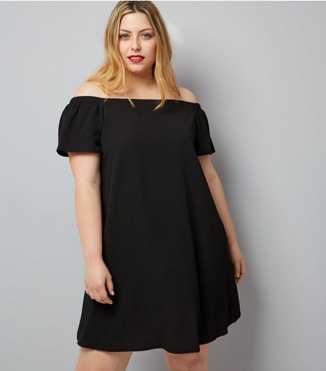 Curves Black Ruched Sleeve Bardot Neck Dress | New Look
