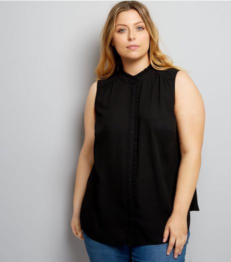 Curves Black Frill Trim Sleeveless Shirt | New Look