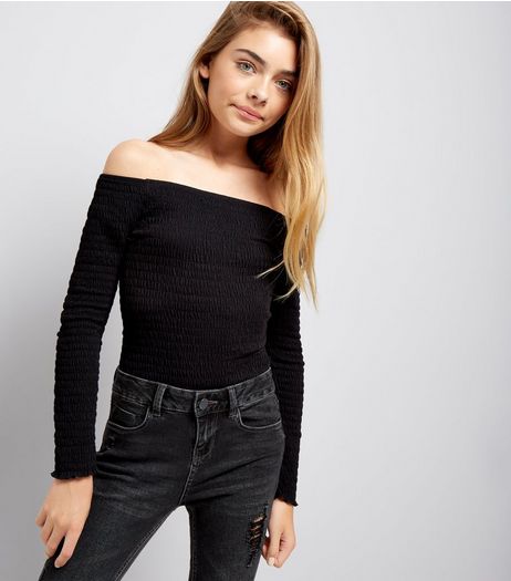 Teens Black Shirred Long Sleeve Bardot Neck Top | New Look