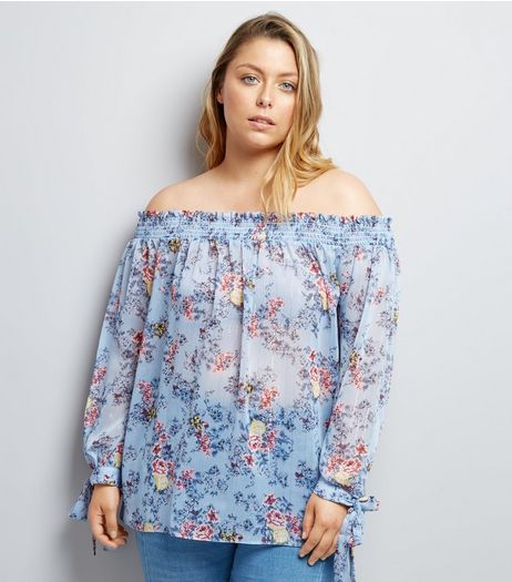 Curves Blue Floral Print Shirred Bardot Neck Blouse | New Look