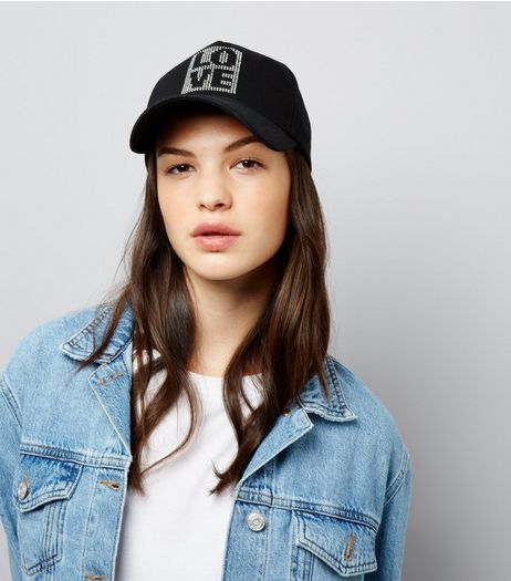 Black Diamante LOVE Cap | New Look