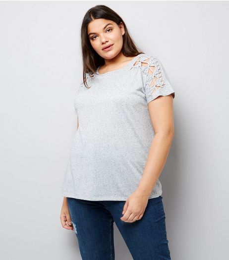 Curves Grey Lattice Shoulder T-Shirt | New Look
