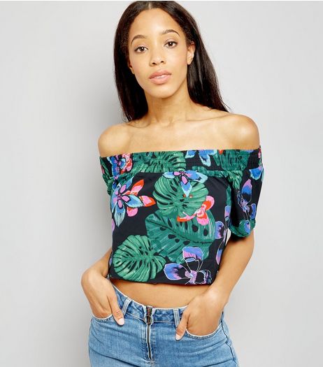 Tall Black Floral Tropical Print Bardot Neck Top | New Look