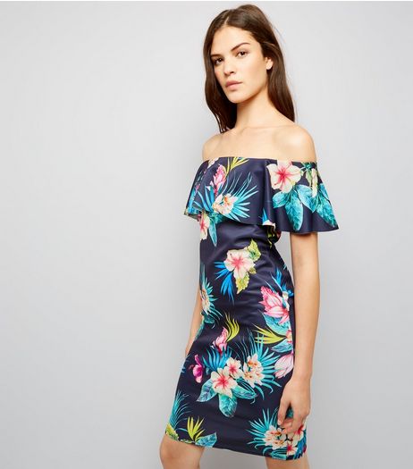 Navy Tropical Print Bardot Dress | New Look