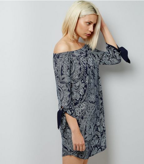 Navy Paisley Print Tie Sleeve Bardot Dress | New Look