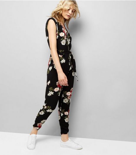 Cameo Rose Black Floral Print Zip Front Jumpsuit | New Look