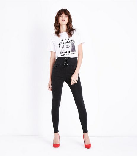 Black Eyelet Lace Up High Waist Skinny Jeans | New Look