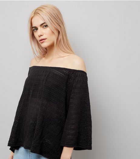 Black Bardot Neck 3/4 Sleeve Top | New Look