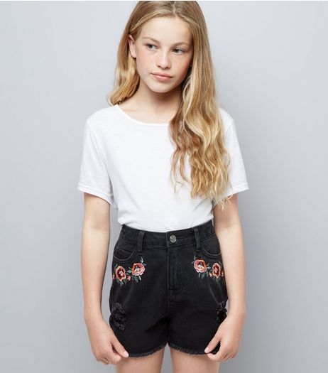 Teens Black Floral Embroidered Denim Shorts | New Look