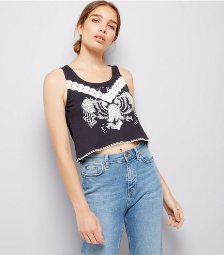 Black Crochet Trim Eagle Print Crop Top | New Look