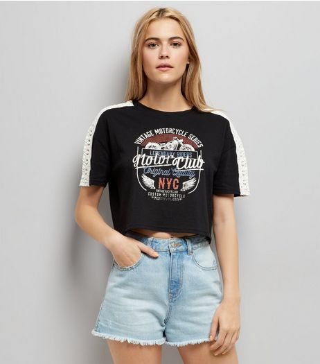 Black Crochet Shoulder Trim Cropped T-Shirt | New Look