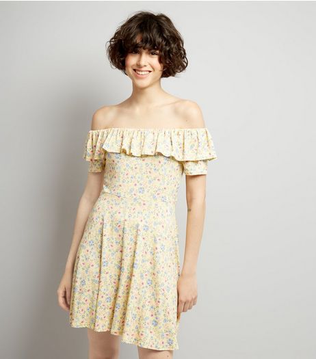 Yellow Floral Print Frill Trim Skater Dress | New Look