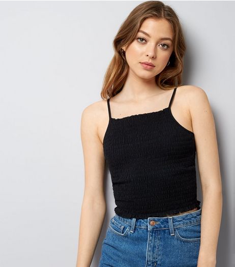 Black Shirred Cropped Cami | New Look