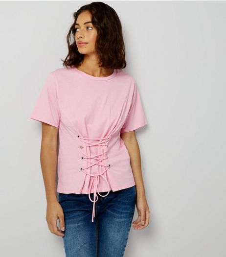 Petite Pink Corset Lace Up T-Shirt | New Look
