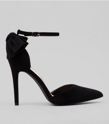 Wide Fit Black Suedette Bow Back Pointed Heels | New Look