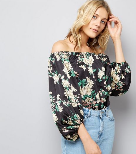Blue Vanilla Black Floral Bardot Neck Bodysuit | New Look