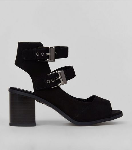 Teens Black Suedette Double Buckle Strap Block Heels | New Look