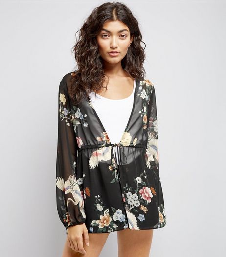Black Floral Print Tie Waist Kimono | New Look
